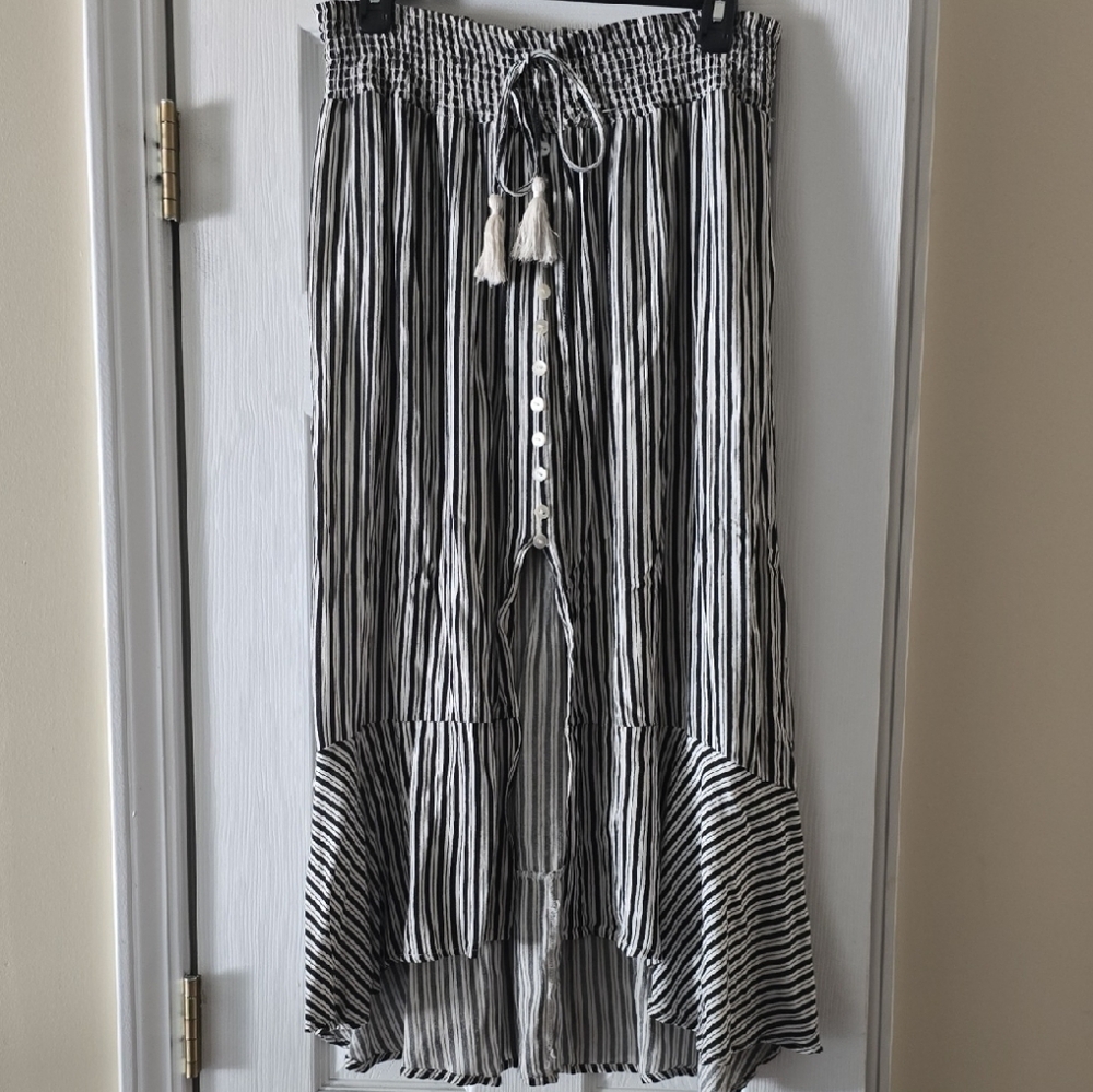 Black and White Smocked Maxi Skirt with Tie Front